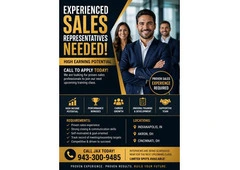 Experienced Sales Representatives Needed – High Earning Potential – Call to Apply